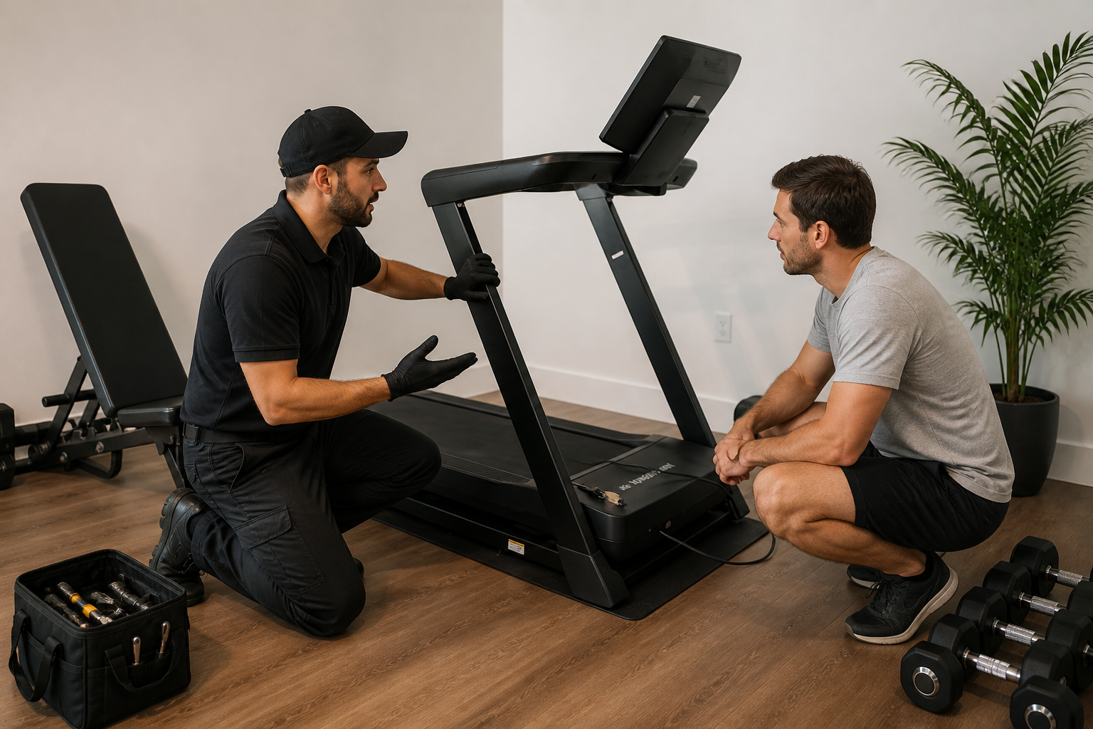 2EZ TEK technician repairing treadmill